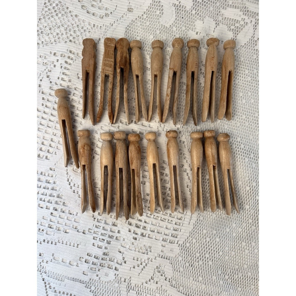 19 Vintage Wooden Clothes Pins Mixed Styles Flat & Round Primitive Lot